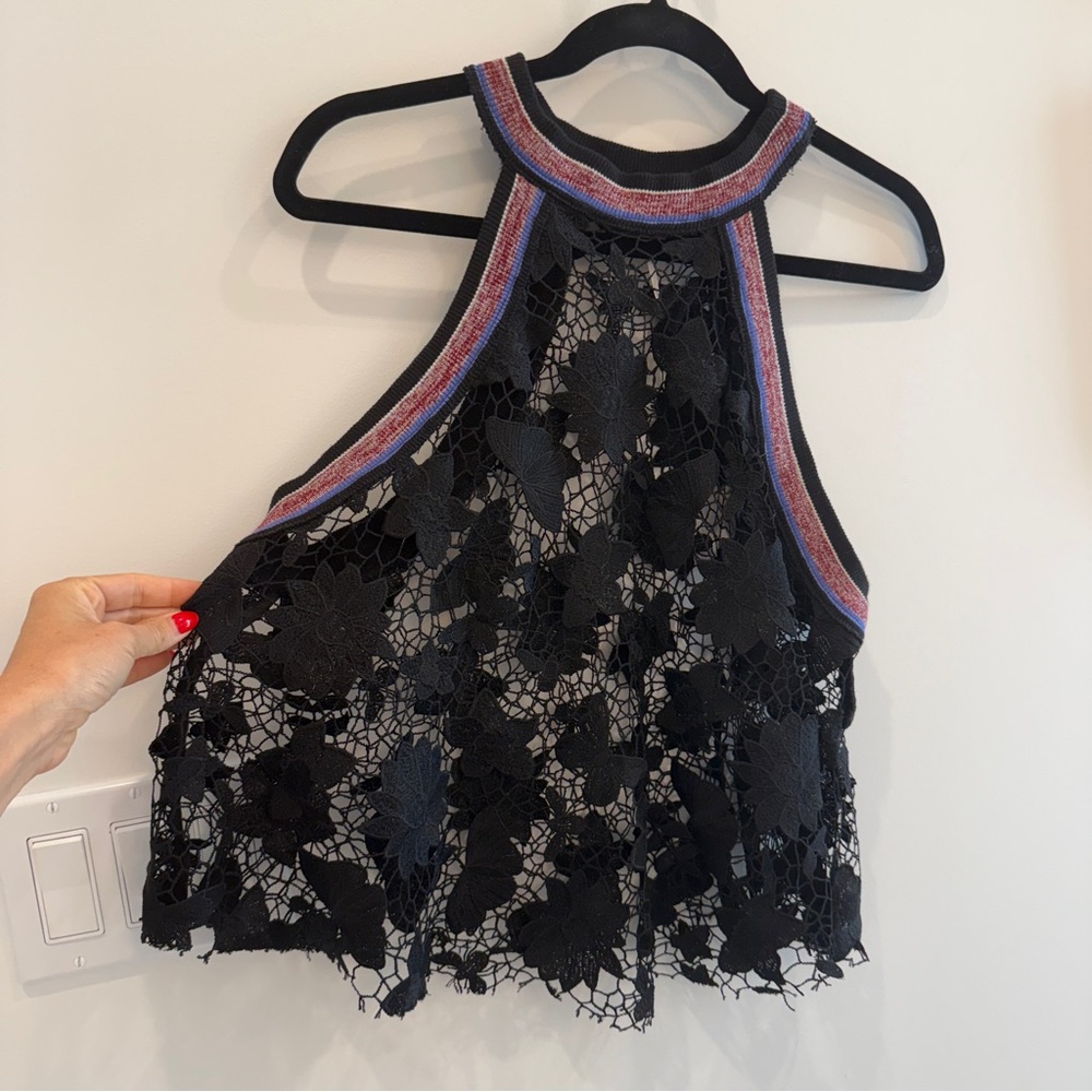 Free People Black Lace Tank Top with Multicolor Trim